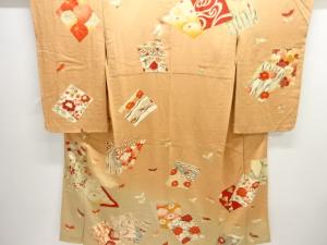 アンティーク　錦紗 色紙に草花模様刺繍着物